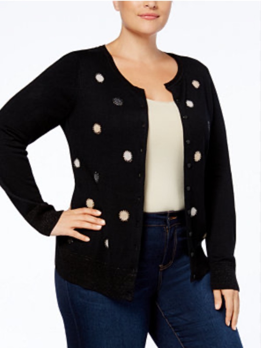 CHARTER CLUB Black Cardigan Sparkly Polka Dot Studded Circle Accents M NWOT